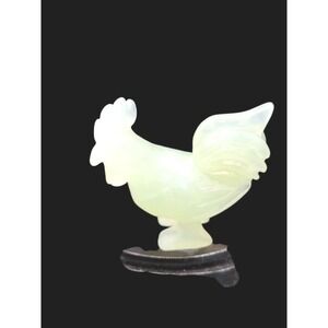 Vintage Jade Miniature Rooster Figurine on Black Stand Celadon Collectible Decor